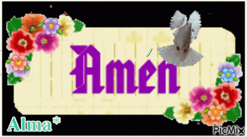 an amen po with a bird, flowers, and hearts