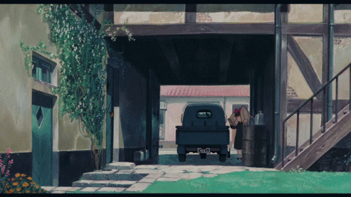 man on stairs leading to car from animated house
