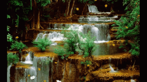 a painting shows waterfall with a blue pool in the foreground