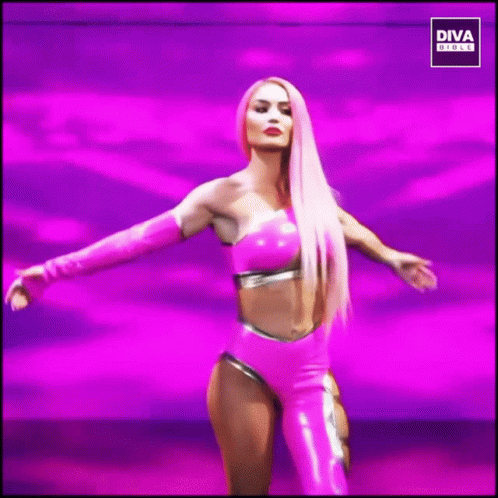 the pink woman is dancing in the pink and purple image