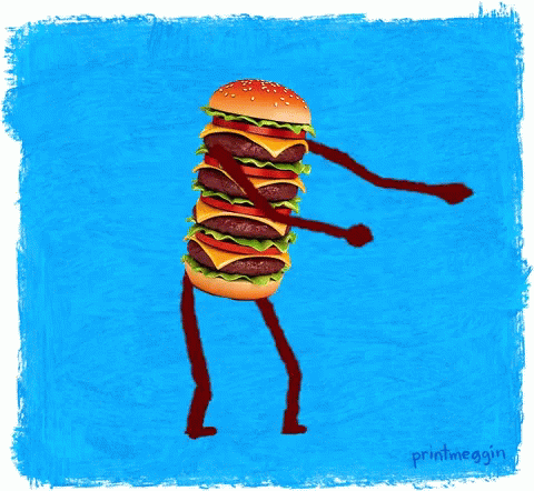 a drawing of a man with a tall stack of burgers as if to make a monster