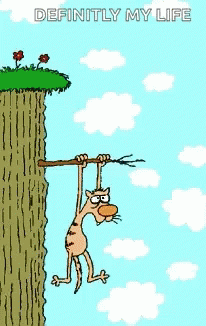 the cartoon cat is hanging on to a stick