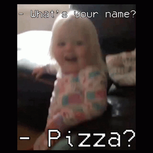 an animated po with a baby smiling on the screen and pizza in the background
