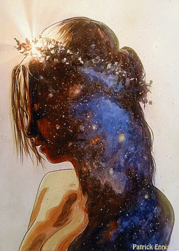 the image shows a silhouette of a woman with stars in her hair