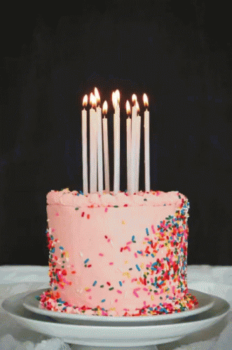 birthday cake that has white frosting and many candles with sprinkles