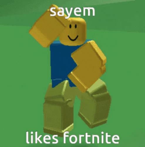 a small character in a green background has the text sayen likes fortnite
