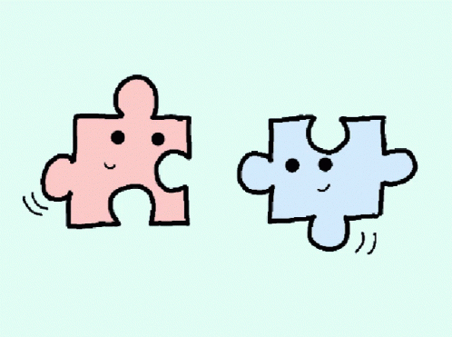 two puzzle pieces connected by blue and purple
