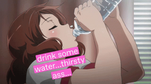 an anime girl with a drink bottle over her shoulder