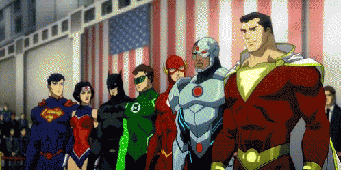 a cartoon of many superheros standing together