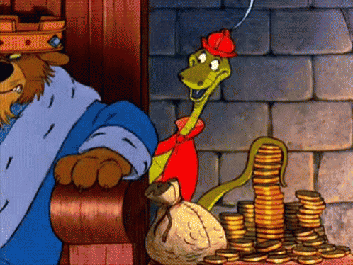 two cartoon characters are sitting in a room with stacks of coins