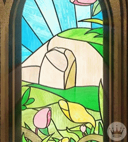 a stained glass window in a building with flowers
