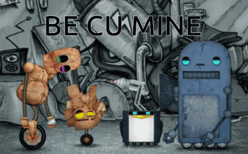three small blue monsters riding on a tricycle with text that reads, becumine