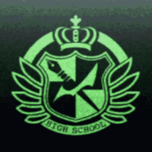 a black and green background with a crest