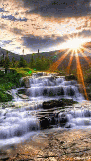 digital painting of waterfall and forest scene with sun