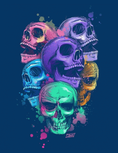 colorful skulls in a line in the middle of an art painting