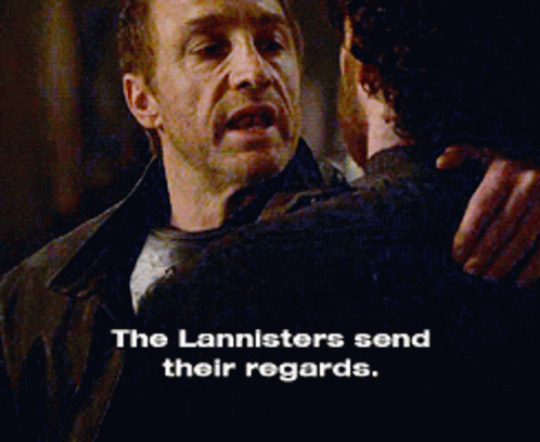 a man with his arm around a woman's shoulders and text reading the lannisters send their regularly