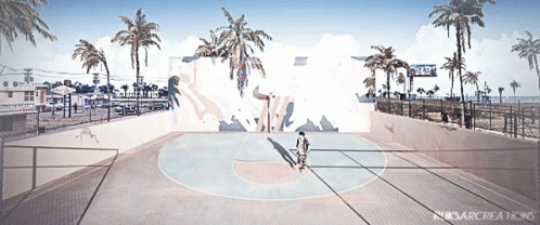 a cartoon is shown at the beach with a basketball court
