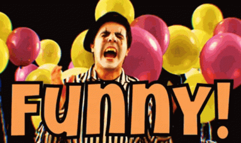 a painting of a person with balloons with the word funny painted on it