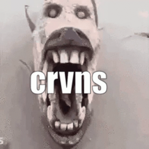 the face of an animal with sharp teeth, and the word crvins