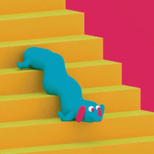 a dog climbing the stairs of blue and purple tones