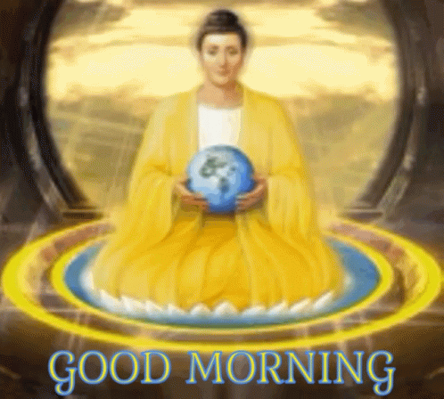 an illustrated image with a buddha holding a ball in its hands