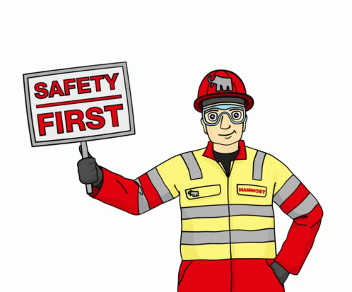 a cartoon character holding a safety first sign