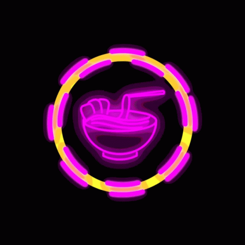 neon colored circle in dark background displaying a bowl of food