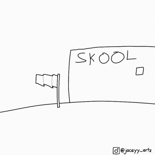 a cartoon drawing of the back wall of a school
