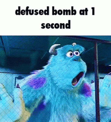 cartoon character holding up a framed po next to the caption, focused bomb at 1 second