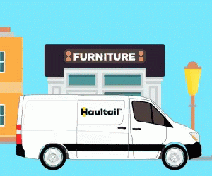 a painting of a white van outside of a furniture shop