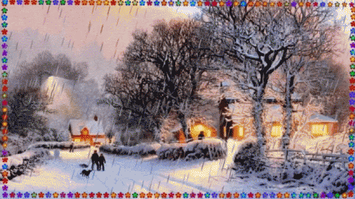 the painting shows a snowy scene and people walking along a path