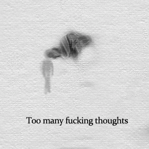 a person walking across snow with words that say too many ing thoughts