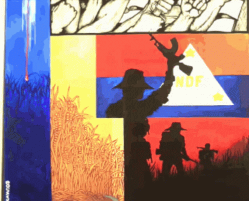 a series of paintings depicting silhouettes of soldiers on the flag