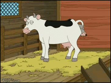 an animated picture of a cow standing in front of a blue barn