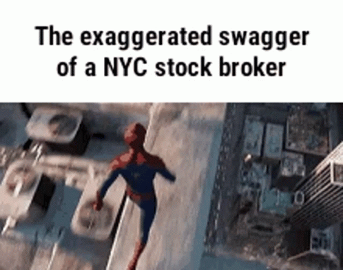 a man is shown with the caption'the exagerator swager of a nyc stock broker '