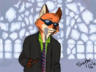an animated drawing of a blue fox with glasses