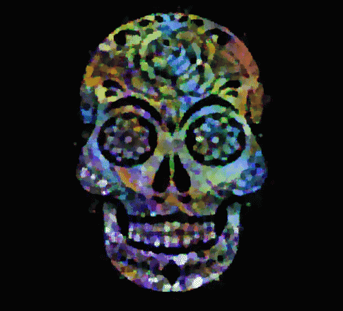 a psychedelicly colored skull with black background
