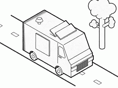 a drawing of a van traveling down a road
