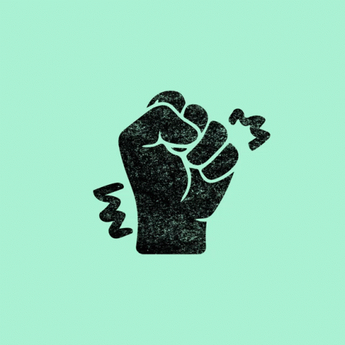 a black fist with five letters coming out