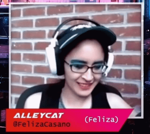a girl wearing ear phones and a purple sign with words that say alleycat
