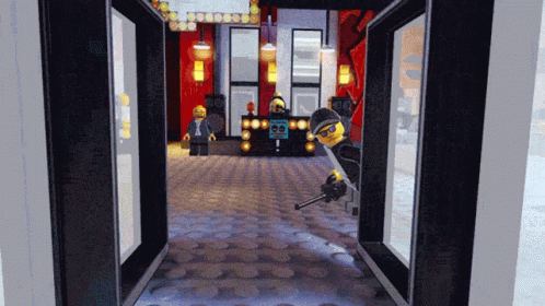a screens of a lobby with various doors open