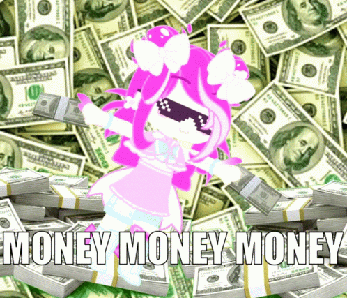 money piles with a pink - haired girl surrounded by cash