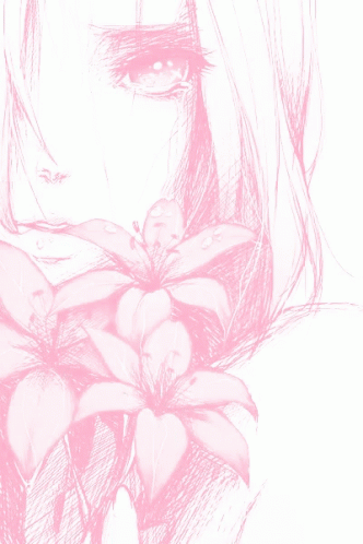 a close up drawing of a girl with flowers