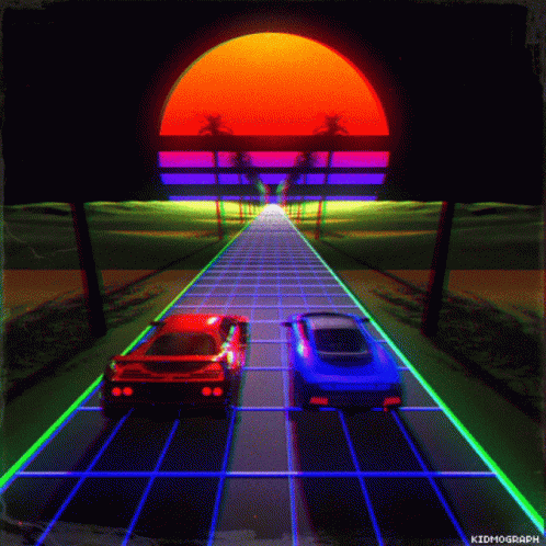there are two cars driving through a road with color beams