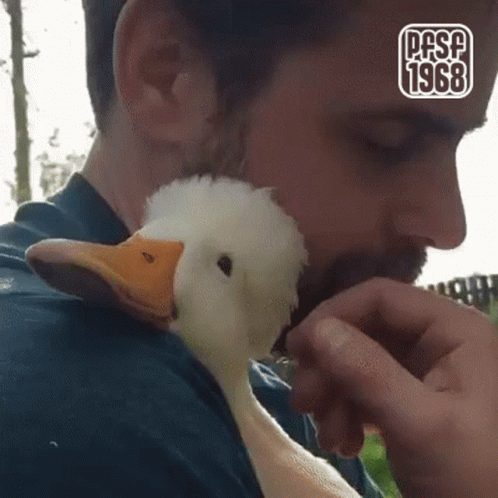 there is a man holding a duck