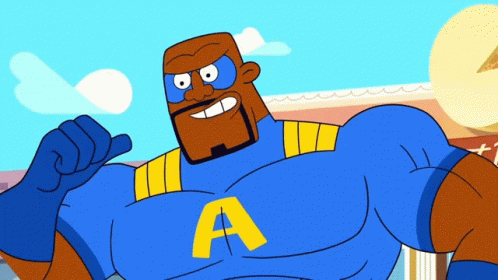 a cartoon man wearing a blue shirt and holding his arms