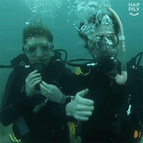 two scuba divers giving the thumbs up sign