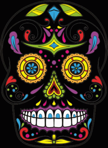 an intricate colored skull with a smile