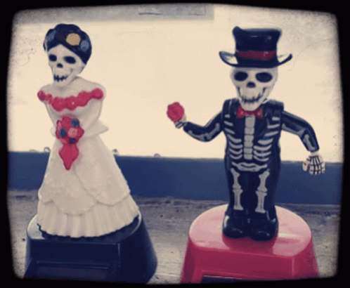 a couple of skeletons dressed as skeleton bride and groom