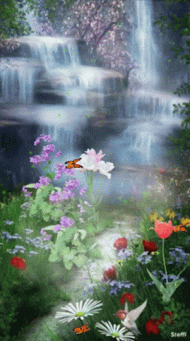 a colorful painting of flowers and waterfalls